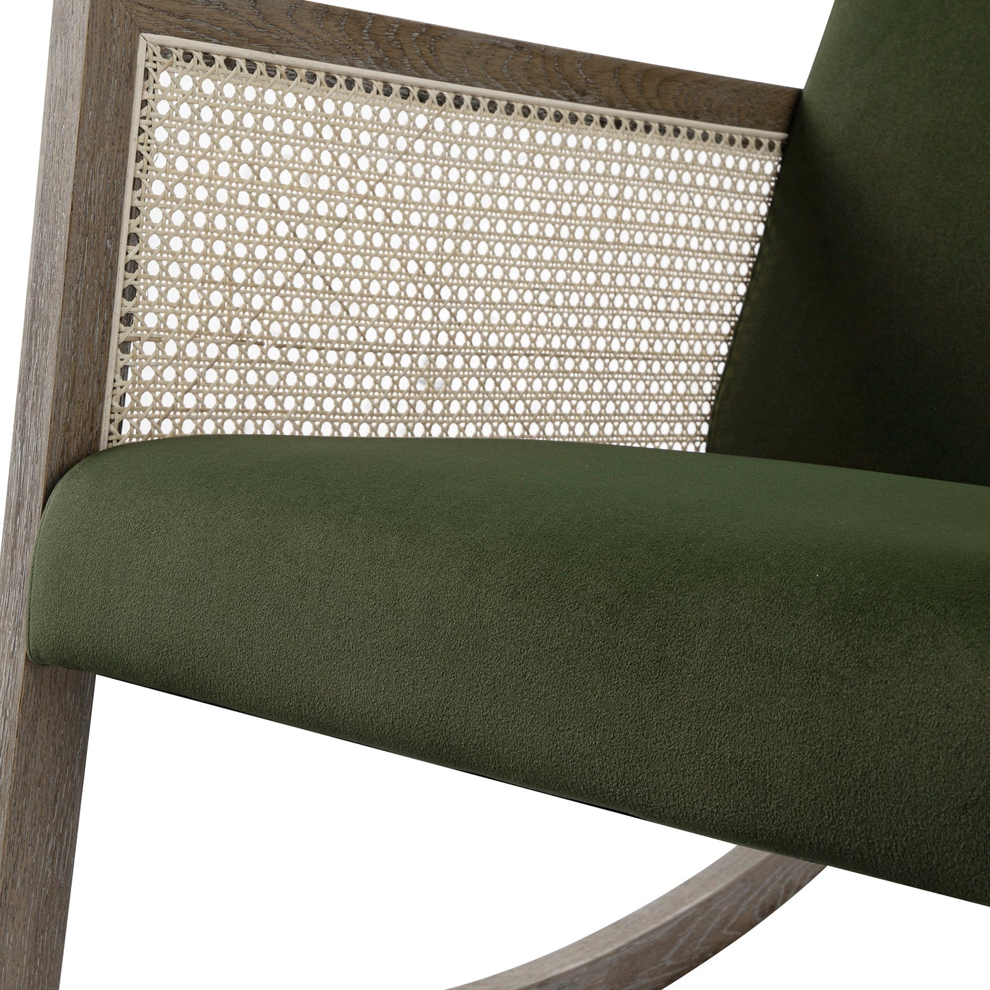 Fyne Moss Green Velvet Rocking Weathered Oak Armchair with Rattan Armrests