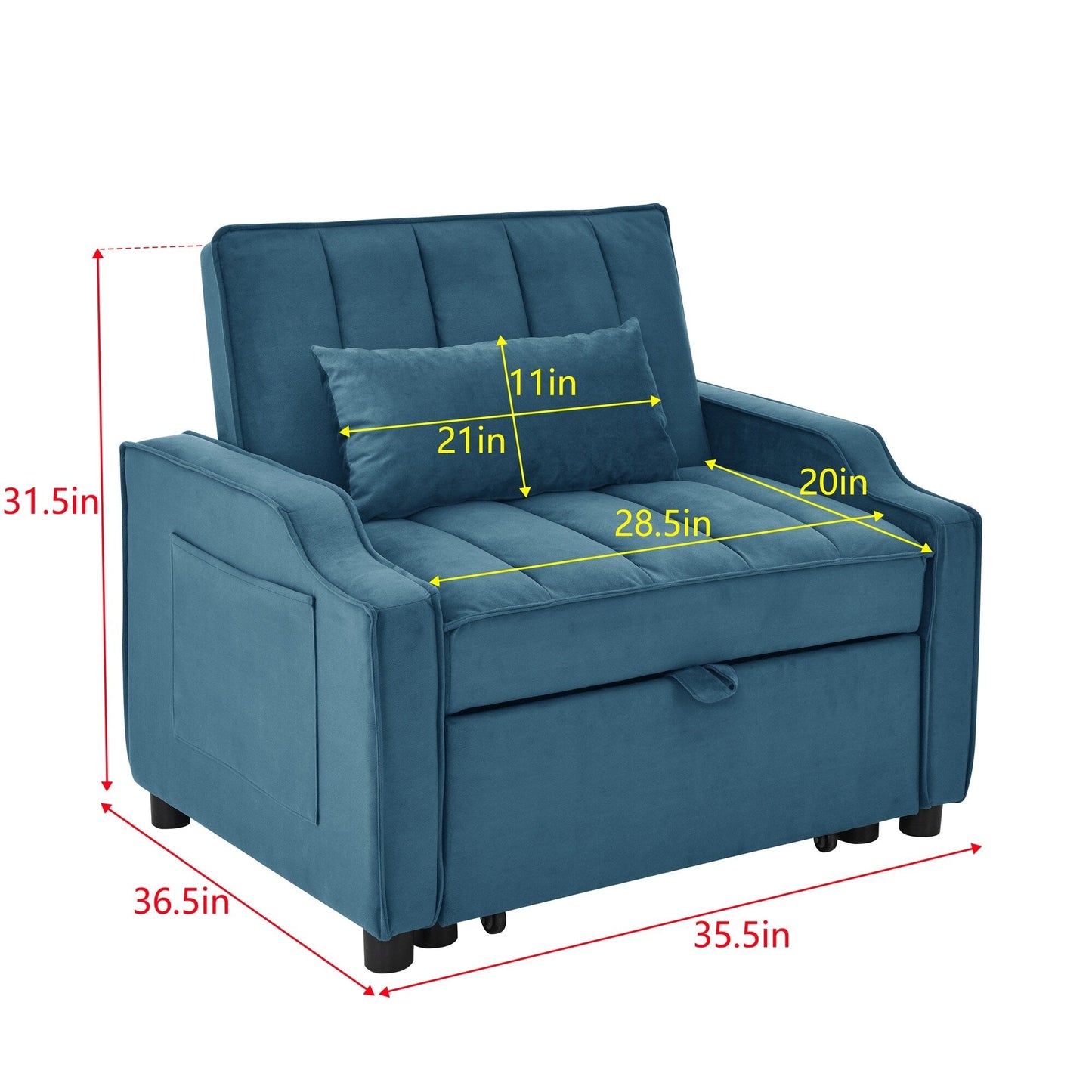 Blue Velvet Convertible Single Sleeper Sofa with Pull-out Bed
