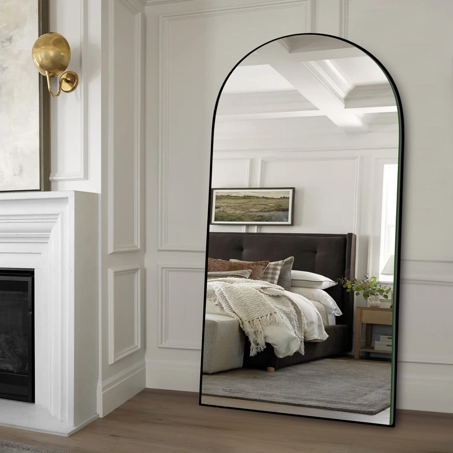 Modern Arched Full-Length Wood Floor Standing Mirror