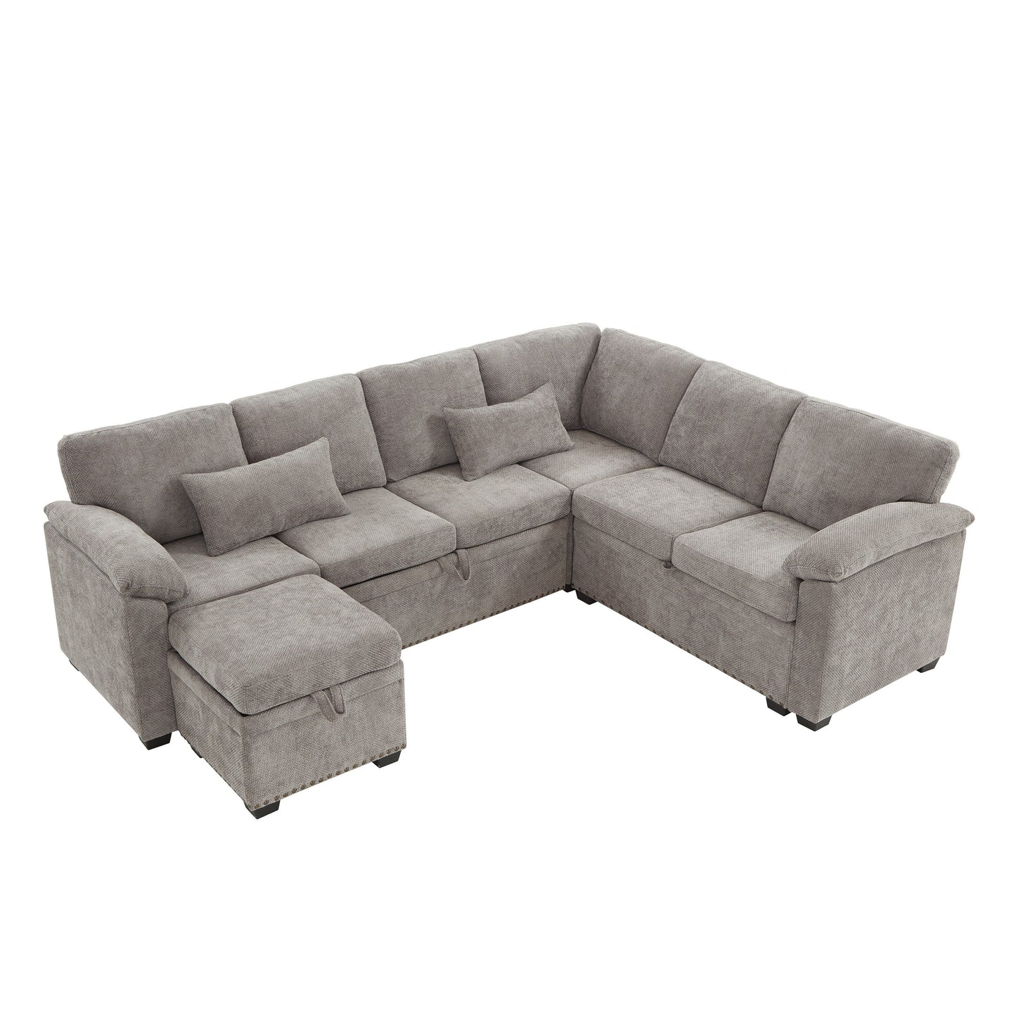 Modern L-Shaped Chenille Sectional Sofa with Pull-Out Sleeper, Storage Seats, Ottoman and 2 Pillows for Living Room