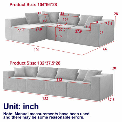 104-Inch Corduroy Modular L Shaped Sectional Sofa,Floor Couch Set,Foam-Filled Compressed Sofa,4 PC Free Combination
