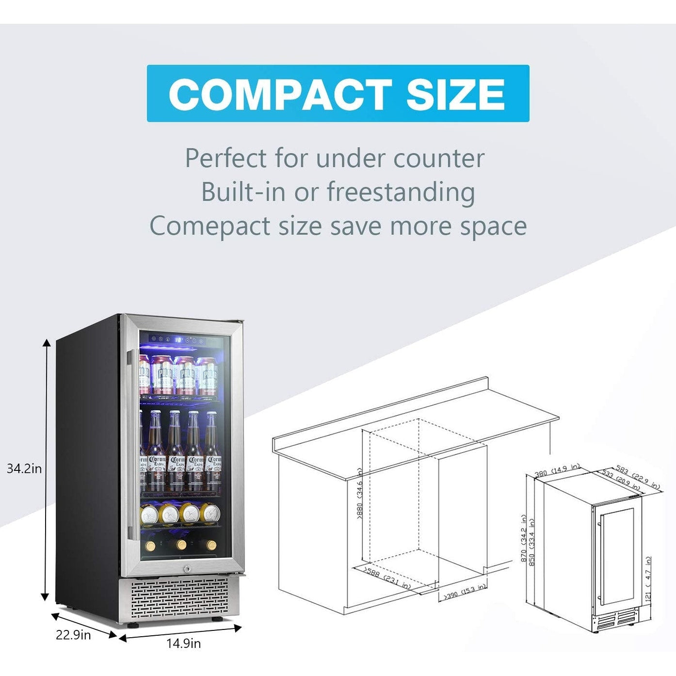 15 Inch Beverage Refrigerator - 22.76D x 14.96W x 34.25H