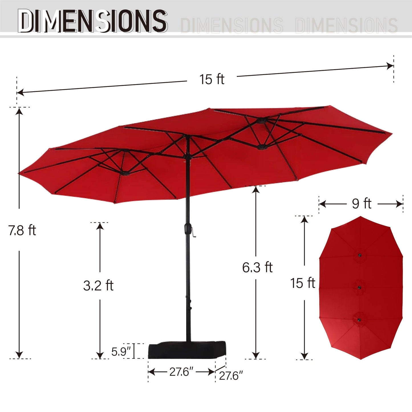 MAISON ARTS 15-foot Rectangular Crank Double-sided Outdoor Market Umbrella Solar LED Lighted Patio Umbrella with Base Included