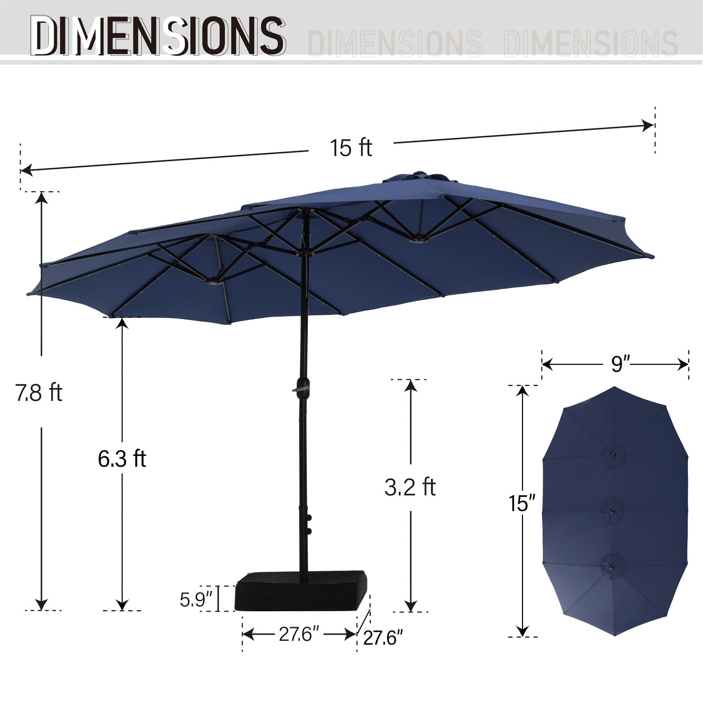 MAISON ARTS 15-foot Rectangular Crank Double-sided Outdoor Market Umbrella Solar LED Lighted Patio Umbrella with Base Included