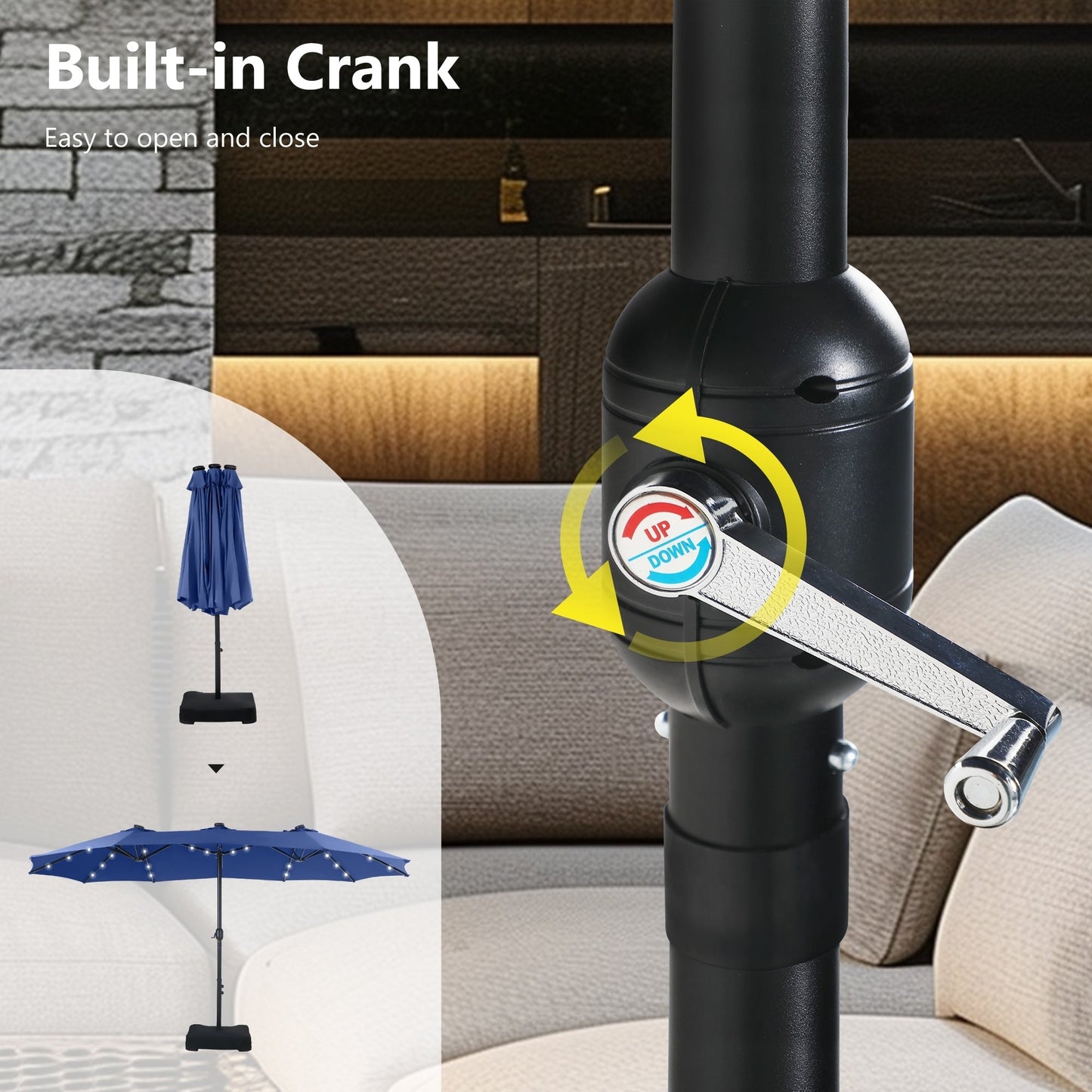 MAISON ARTS 15-foot Rectangular Crank Double-sided Outdoor Market Umbrella Solar LED Lighted Patio Umbrella with Base Included