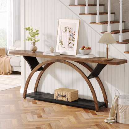 2-Tier Narrow Long Console Sofa Table with Semi-Circular Frame for Entryway,Gray Hallway Accent Tables