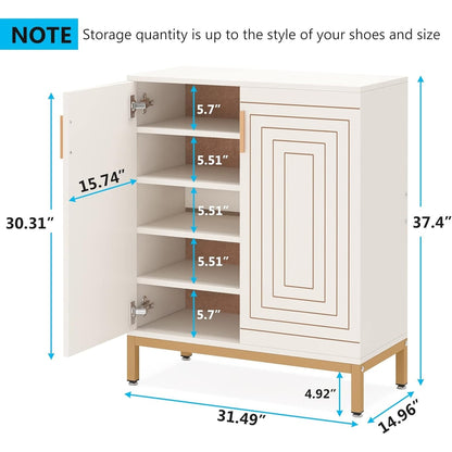 20 Pairs Shoe Cabinet, 37.4 Inch Modern Shoe Storage Cabinet with Doors, White & Gold