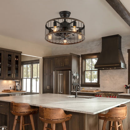 20 in. Low Profile Ceiling Fan Light Modern Farmhouse Wood Finish Caged Ceiling Fan with Light and Remote