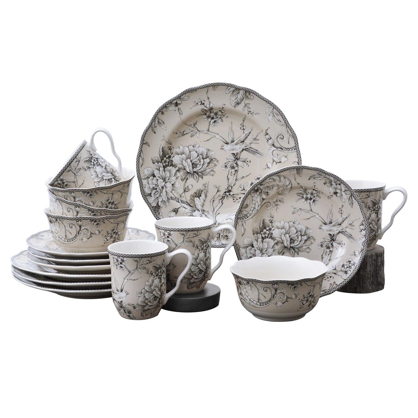 222 Fifth Adelaide 16-Piece Porcelain Dinnerware Set with Round Plates, Bowls, and Mugs, Antique White