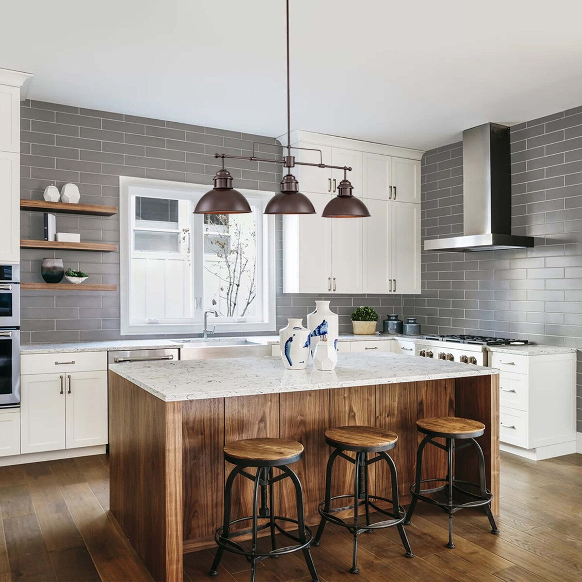 3-Light Industrial Farmhouse Dome Pendant Metal Linear Kitchen Island Pendant Light Oil Rubbed Bronze Finish