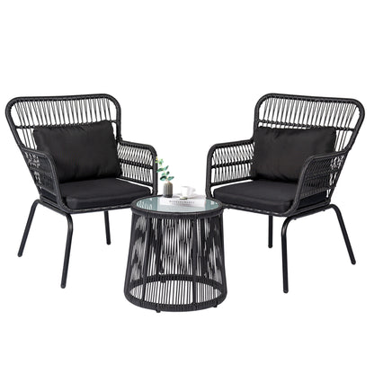 3 Piece Outdoor Wicker Conversation Bistro Set, All-Weather Rattan Furniture Patio Chairs Set with Cushions