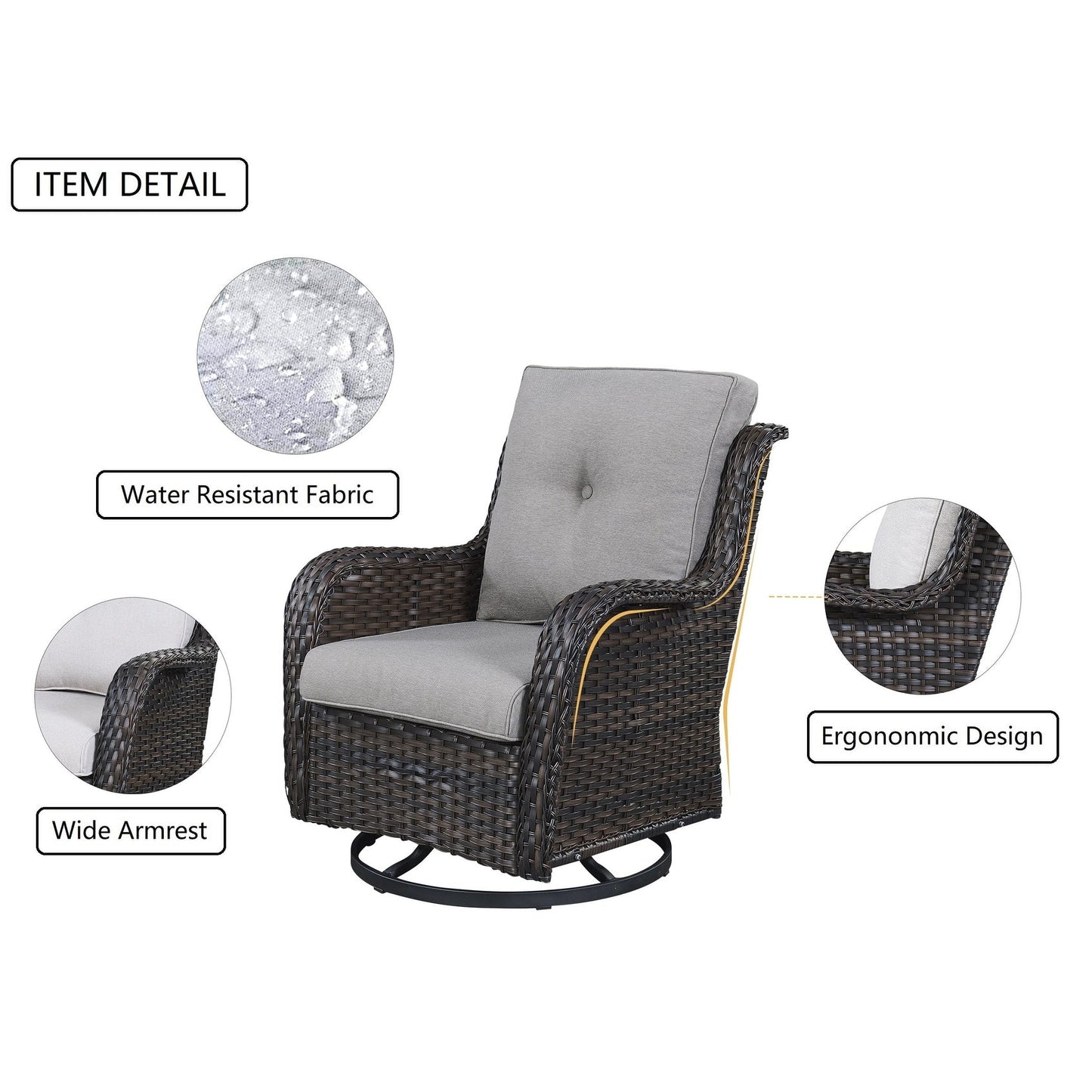 Gymojoy 3 Piece Outdoor Wicker Swivel Rocker with Cushion & Table