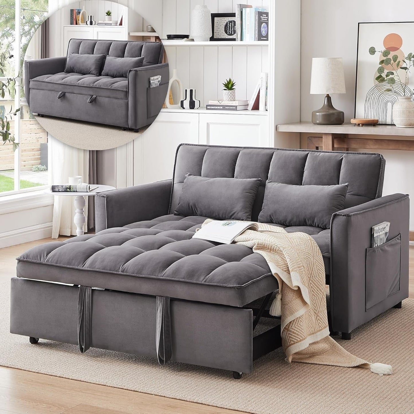 3-in-1 Convertible Sleeper Sofa Bed - Velvet Futon Couch with Adjustable Backrest & Side Pocket for Small Spaces