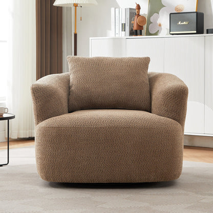 360° Swivel Chair, 38.2 Boucle Accent Chair with Throw Pillow, Upholstered Barrel Sofa Chair with Curved Armrests
