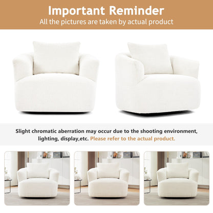 360° Swivel Chair, 38.2 Boucle Accent Chair with Throw Pillow, Upholstered Barrel Sofa Chair with Curved Armrests