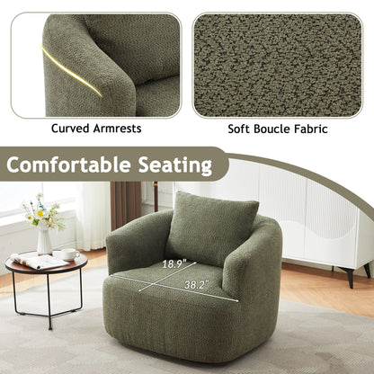360° Swivel Chair, 38.2 Boucle Accent Chair with Throw Pillow, Upholstered Barrel Sofa Chair with Curved Armrests