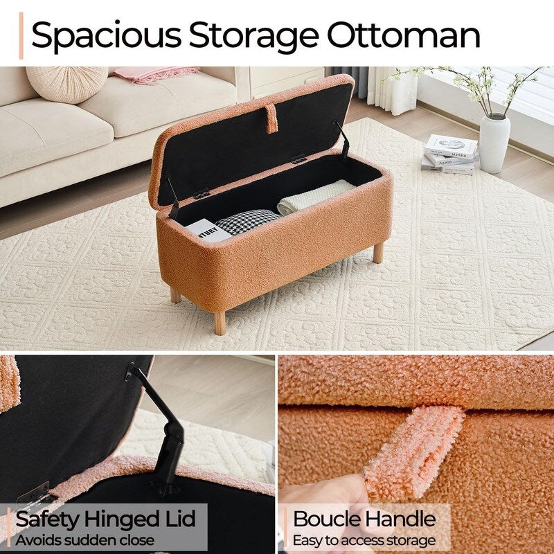 39.5 Off White Boucle Storage Ottoman Bench Sherpa Storage Bench Ottoman Foot Rest End of Bed for Living Room Bedroom,Wood Leg