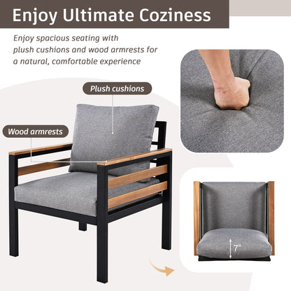 4-Piece Outdoor Sofa Set for 5 People with Removable Cushion & Solid Wood Coffee Table