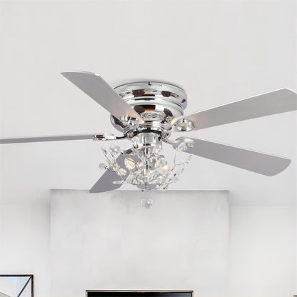 48 Modern Reversible 5-Blade Crystal Flush Mount Ceiling Fan with Remote