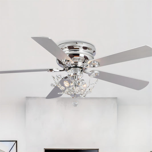 48 Modern Reversible 5-Blade Crystal Flush Mount Ceiling Fan with Remote