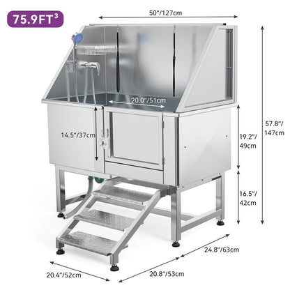 50'' W Stainless Steel Adjustable Pet Grooming Tub with Steps Ramp