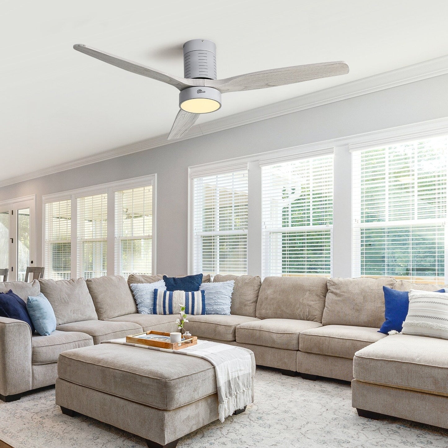 52 Inch Farmhouse Style Flush Mount Ceiling Fan with Light and Remote Control, Reversible DC Motor