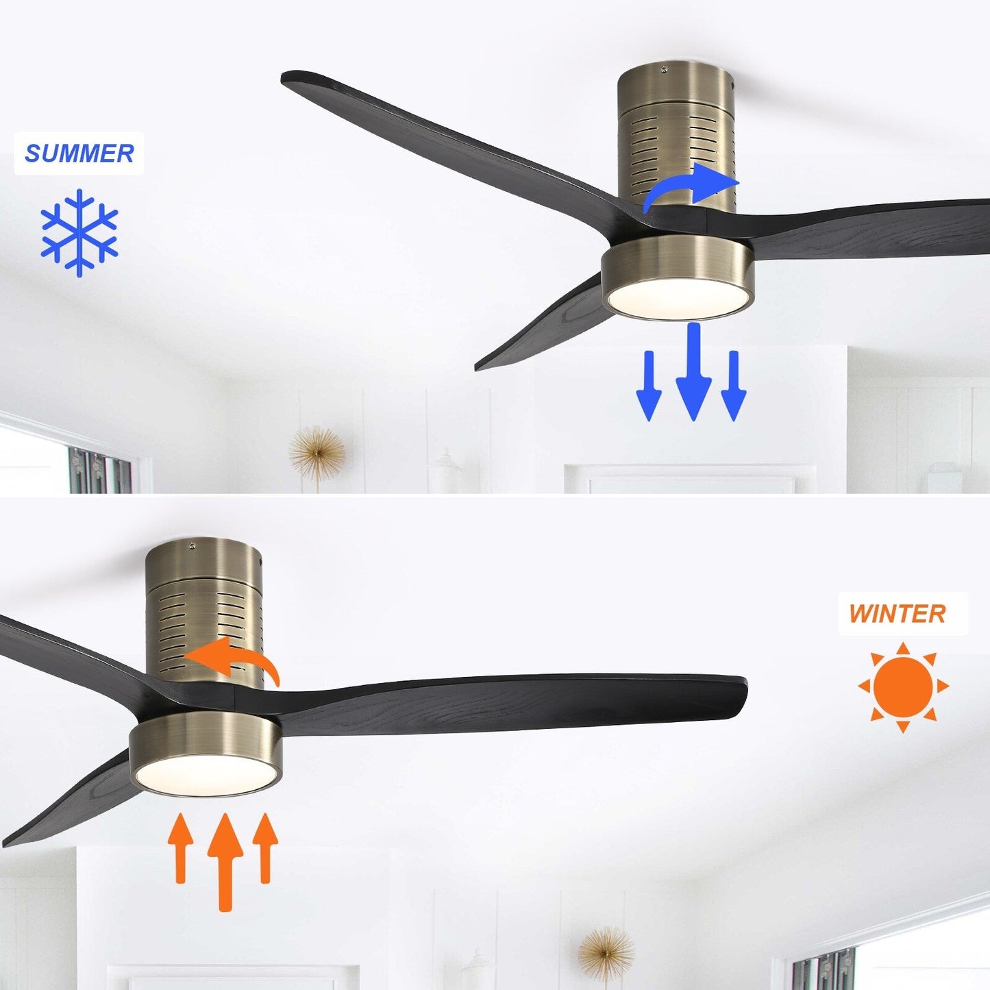 52 Inch Farmhouse Style Flush Mount Ceiling Fan with Light and Remote Control, Reversible DC Motor