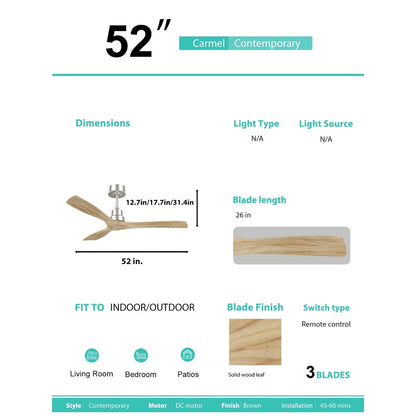 52 inch Modern Solid Wood / ABS Ceiling Fan With Remote Control(No Light),6 WInd Speed,Reversible Airflow
