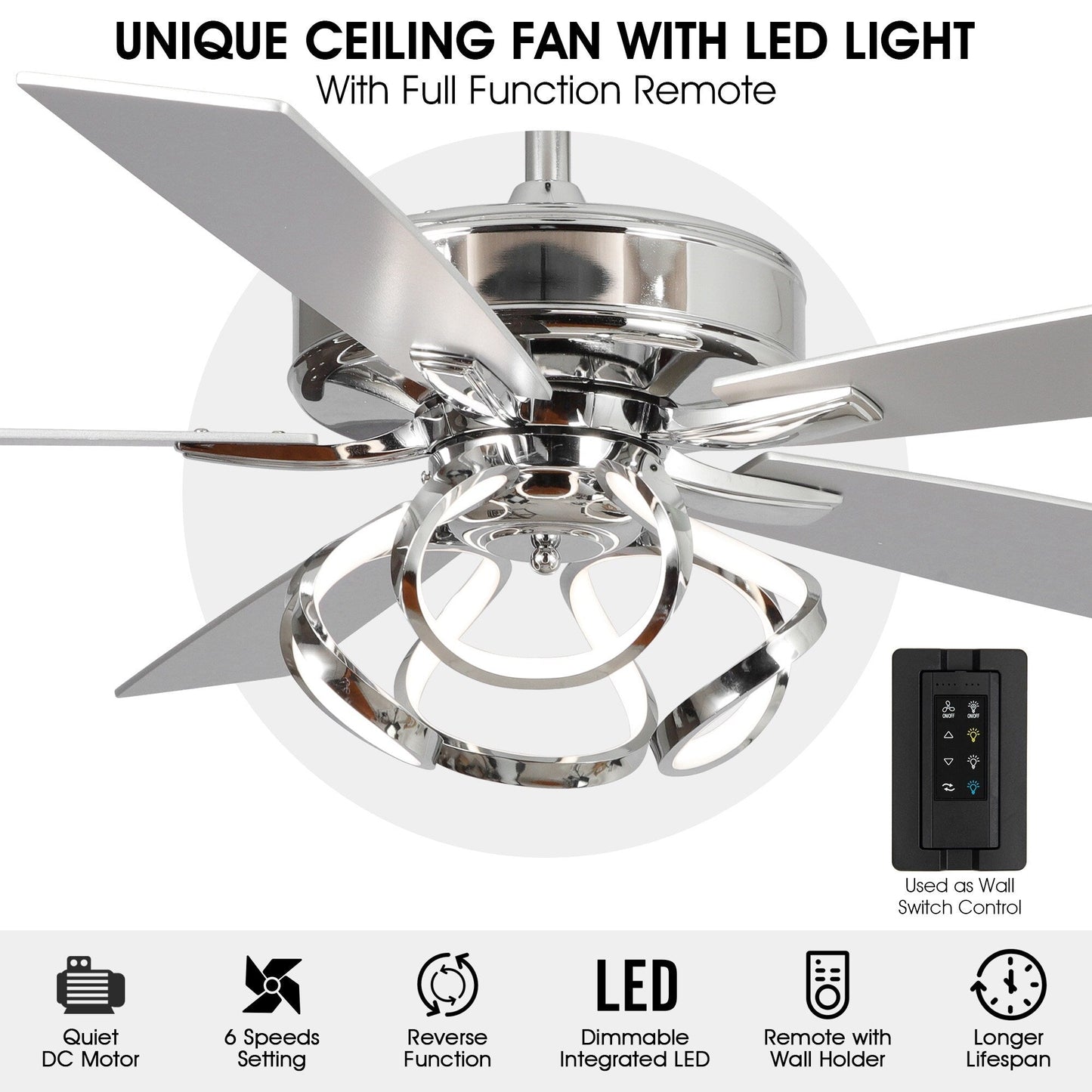 52 Modern Chrome/ Black Indoor Dimmable LED Ceiling Fan with Light and Remote