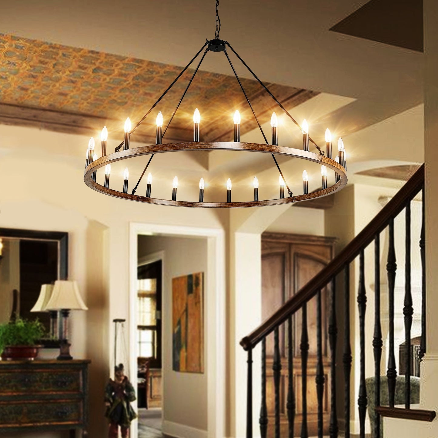 54-inch Round Wagon Wheel 24-light Chandelier