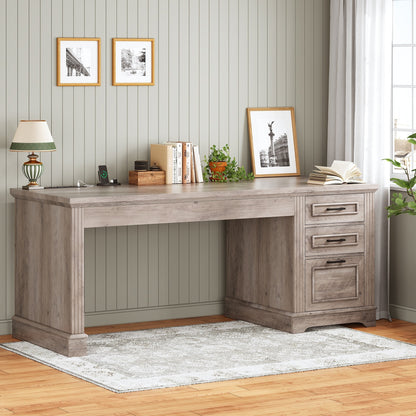 Farmhouse Executive Desk Home Office Desk File Drawer Monitor Stand Power Outlet