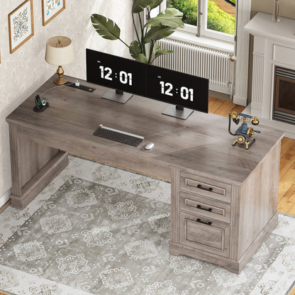 Farmhouse Executive Desk Home Office Desk File Drawer Monitor Stand Power Outlet