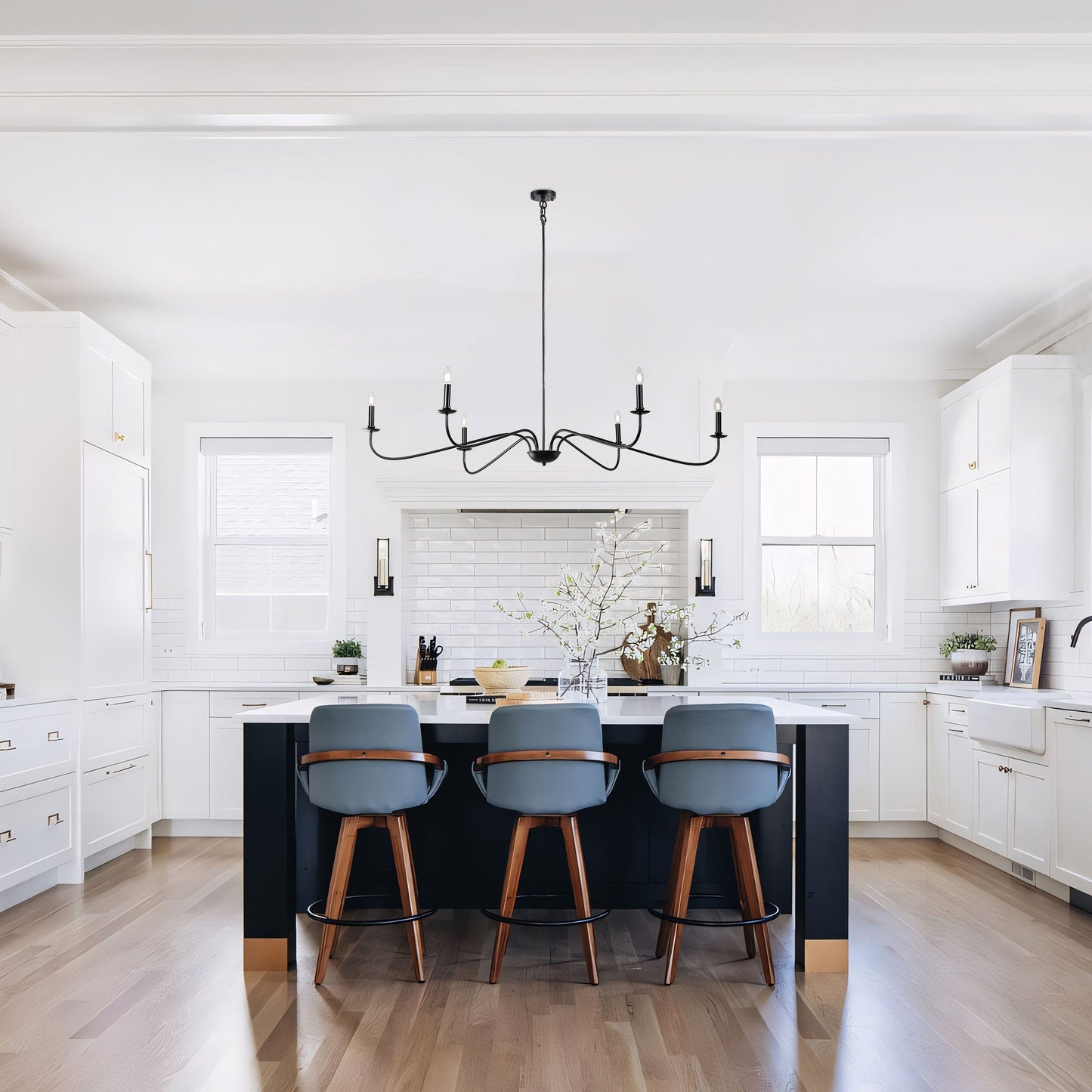 6 Light 64 Inches Minimalist Chandelier in Matte Black / Gold /Chrome - N/A