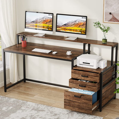 63 Computer Desk with Monitor Stand, Ergonomic Home Office Desks with Drawers File Cabinet