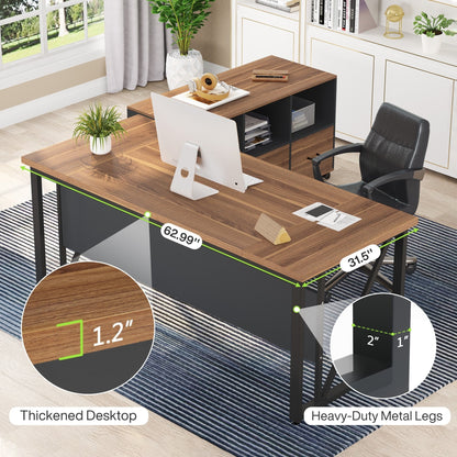 63 L-Shaped Computer Desk with 47 inches Lateral File Cabinet, Executive Desk Home Office Furniture Desk Set