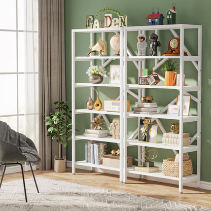 71 Industrial Bookshelf, 6 Tier Rustic Brown Wood Etagere Bookcase, Open Book Shelves