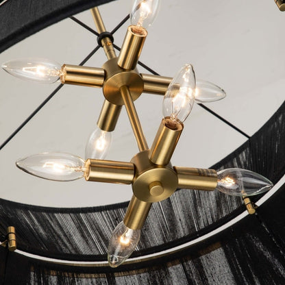 8-Light Modern Boho Large Drum Chandelier 24 inch Fabric Hourglass Hand-woven Chandelier in Gold/ Black for Dining/ Living Room