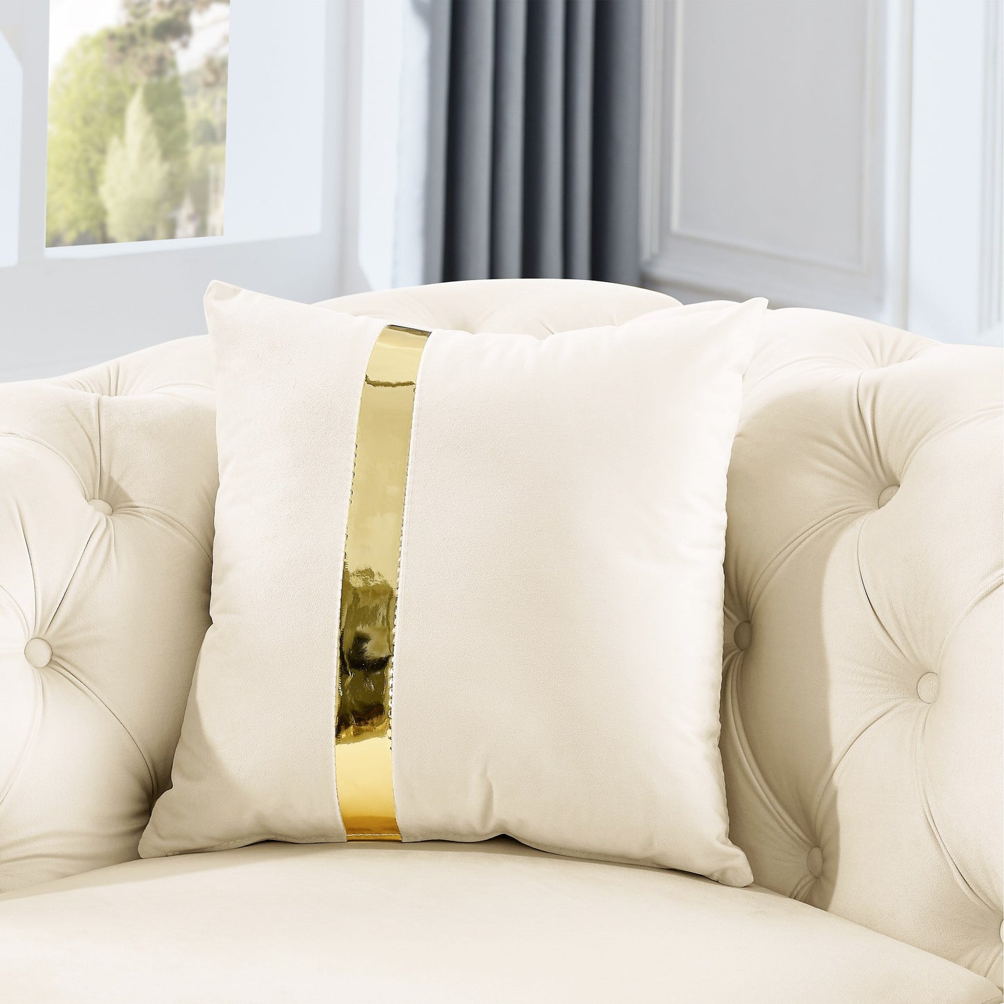 90.6 Velvet 3-Seater Sofa with 2 Pillows High-Density Cushions, Gold Accents, and Pillows