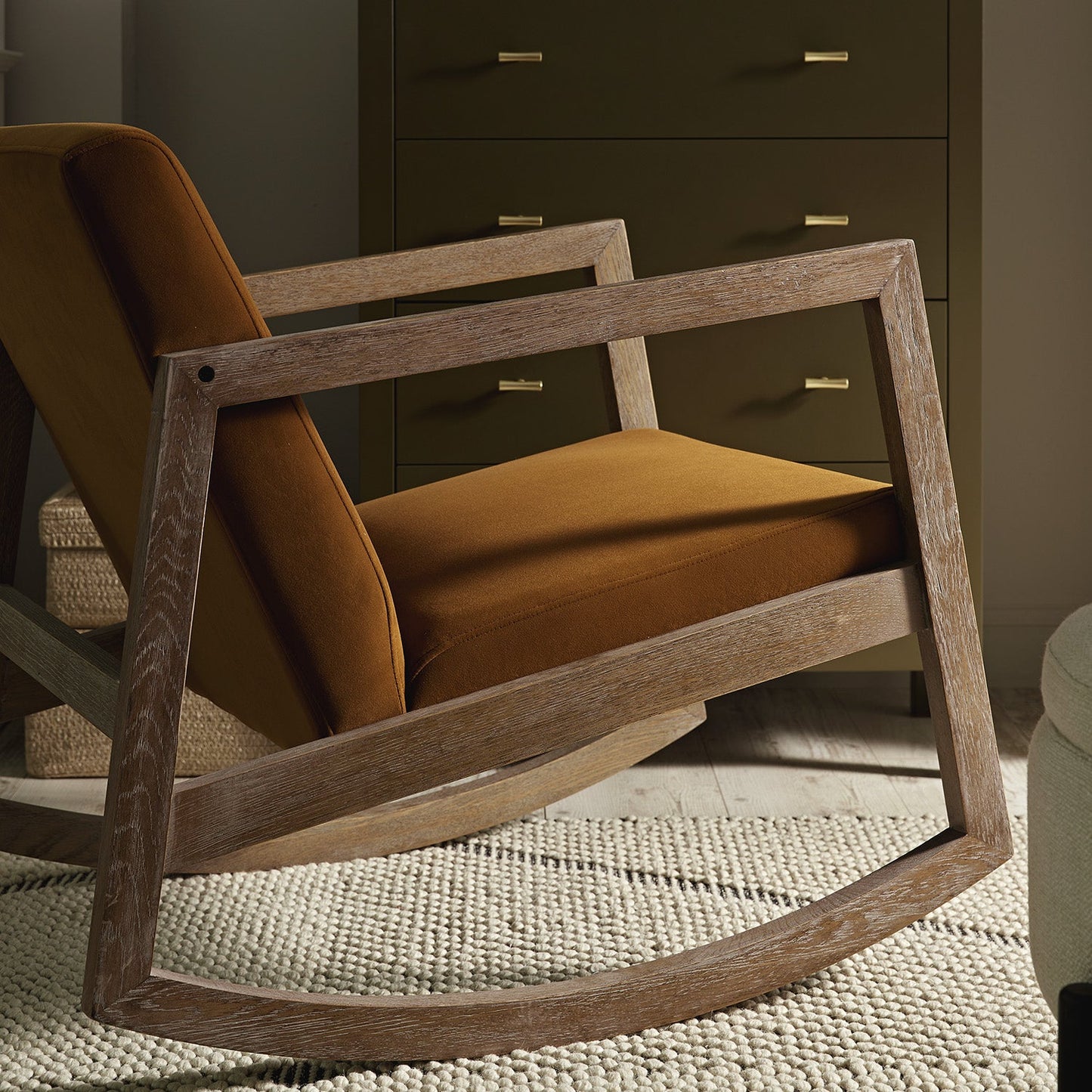 Fyne Cinnamon Velvet Rocking Weathered Oak Armchair