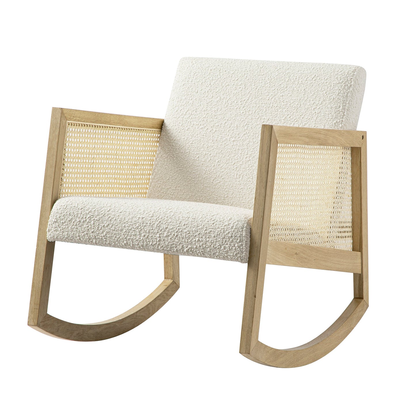Fyne Ecru Boucle Rocking Natural Oak Armchair with Rattan Armrests
