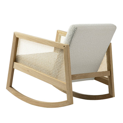 Fyne Ecru Boucle Rocking Natural Oak Armchair with Rattan Armrests