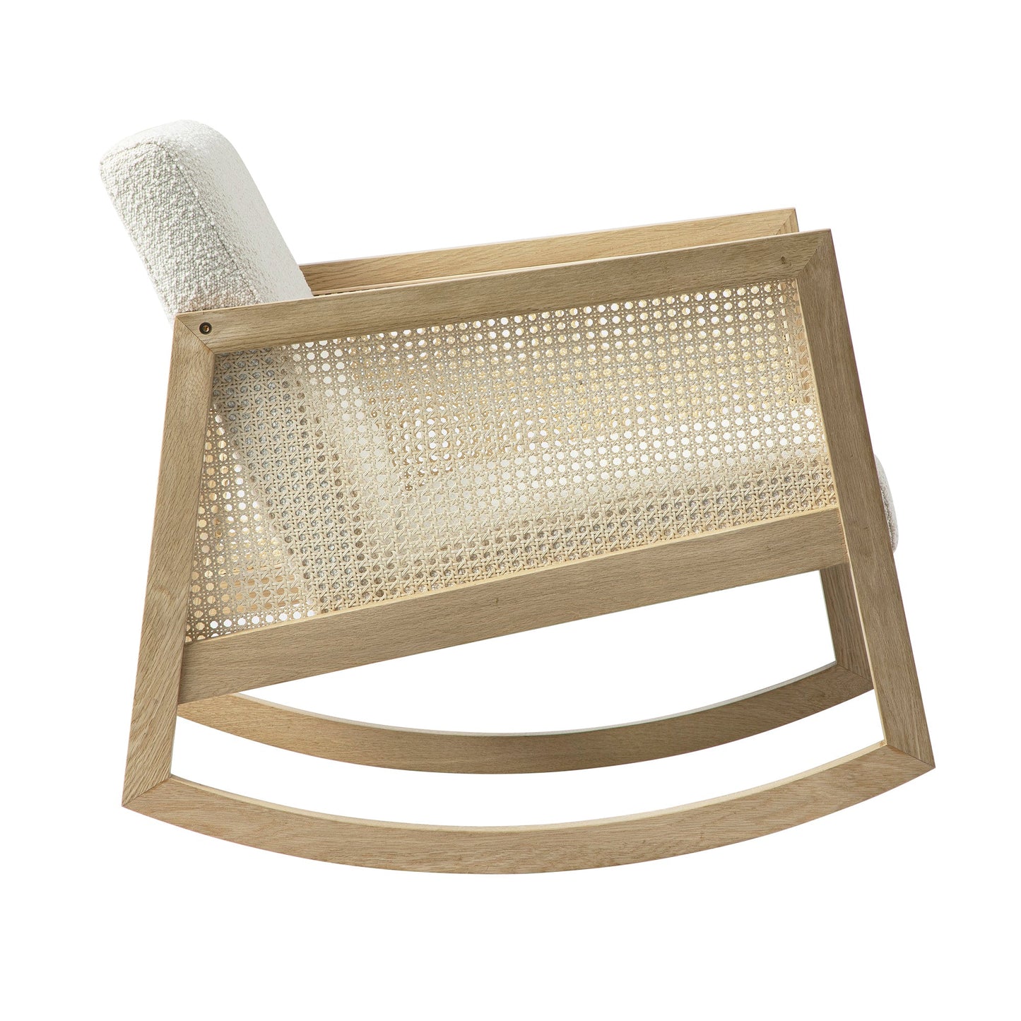 Fyne Ecru Boucle Rocking Natural Oak Armchair with Rattan Armrests