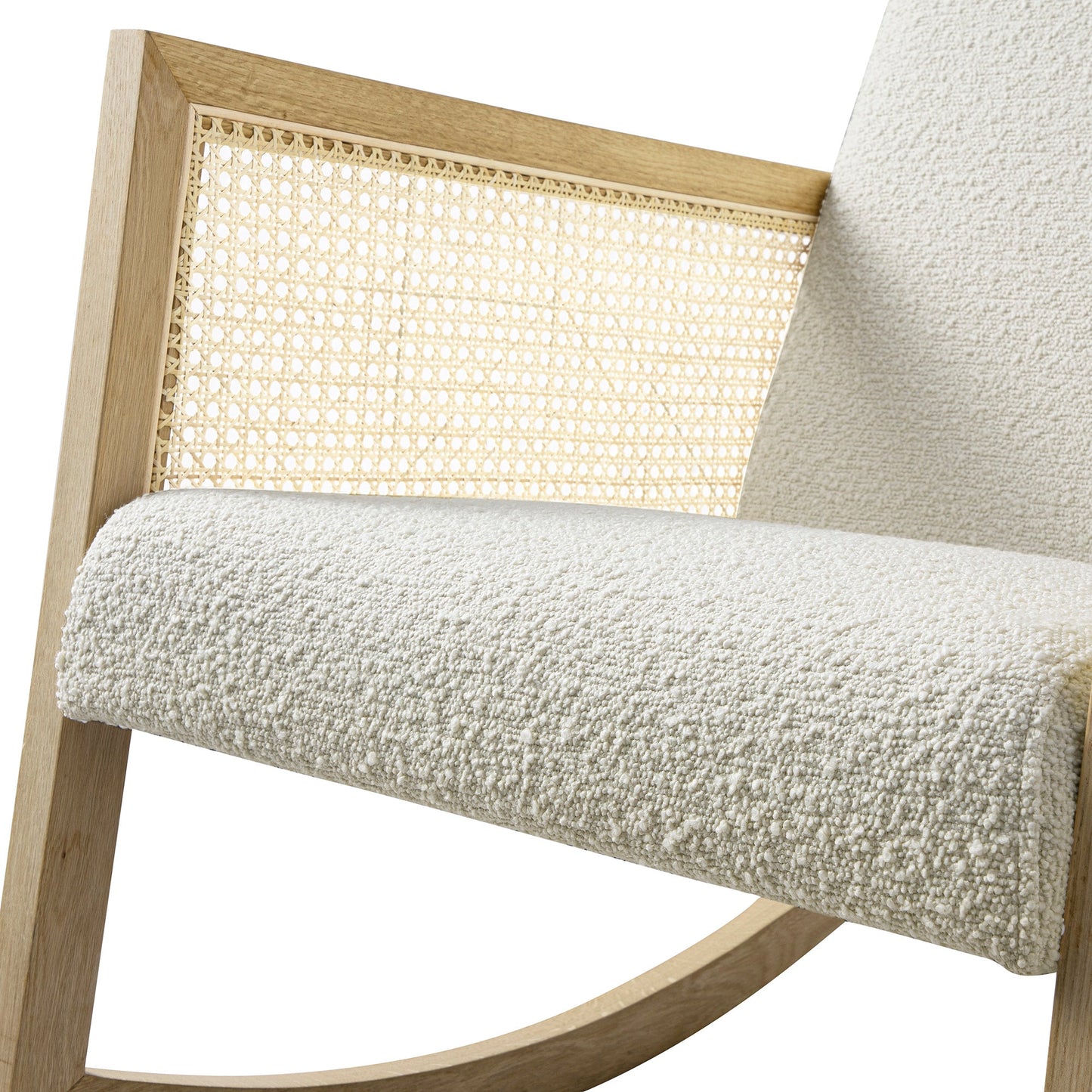 Fyne Ecru Boucle Rocking Natural Oak Armchair with Rattan Armrests