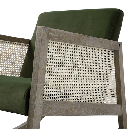 Fyne Moss Green Velvet Rocking Weathered Oak Armchair with Rattan Armrests