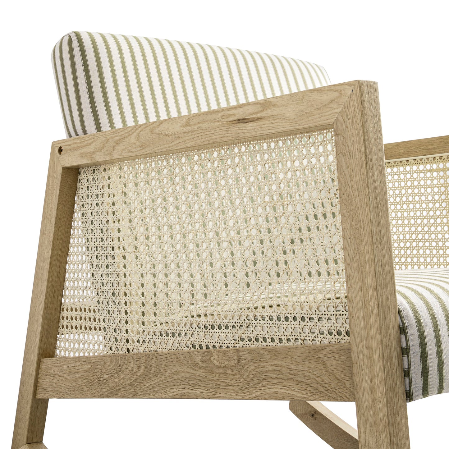Fyne Sage Striped Linen Blend Natural Oak Armchair with Rattan Armrests