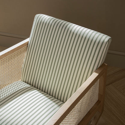 Fyne Sage Striped Linen Blend Natural Oak Armchair with Rattan Armrests
