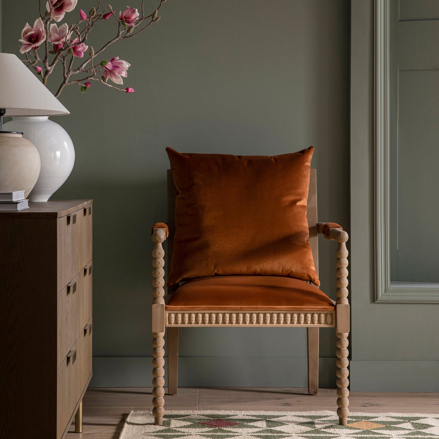 Hemingford Rust Velvet Bobbin Washed Oak Armchair