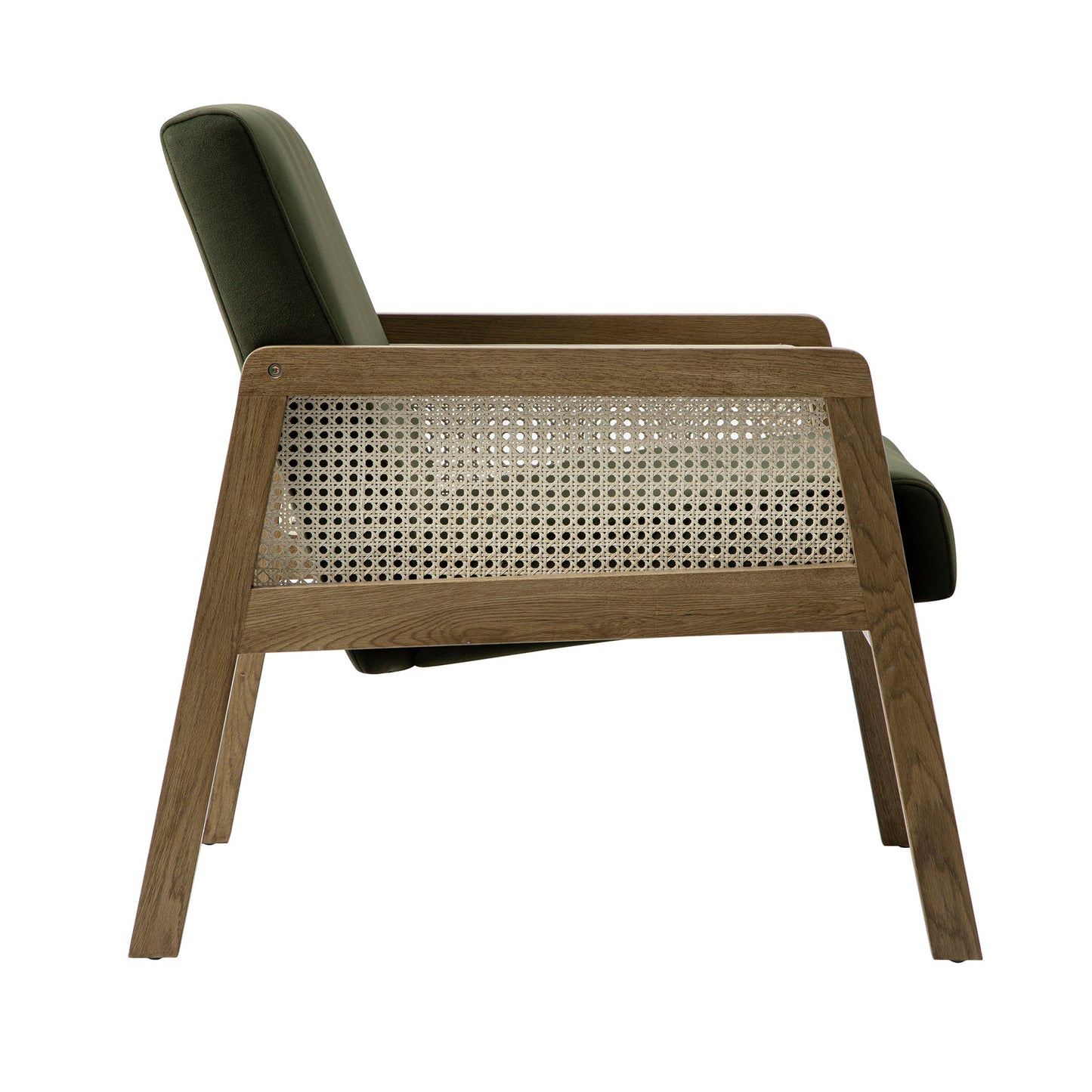 Fyne Moss Green Velvet Light Walnut Frame Rattan Armchair