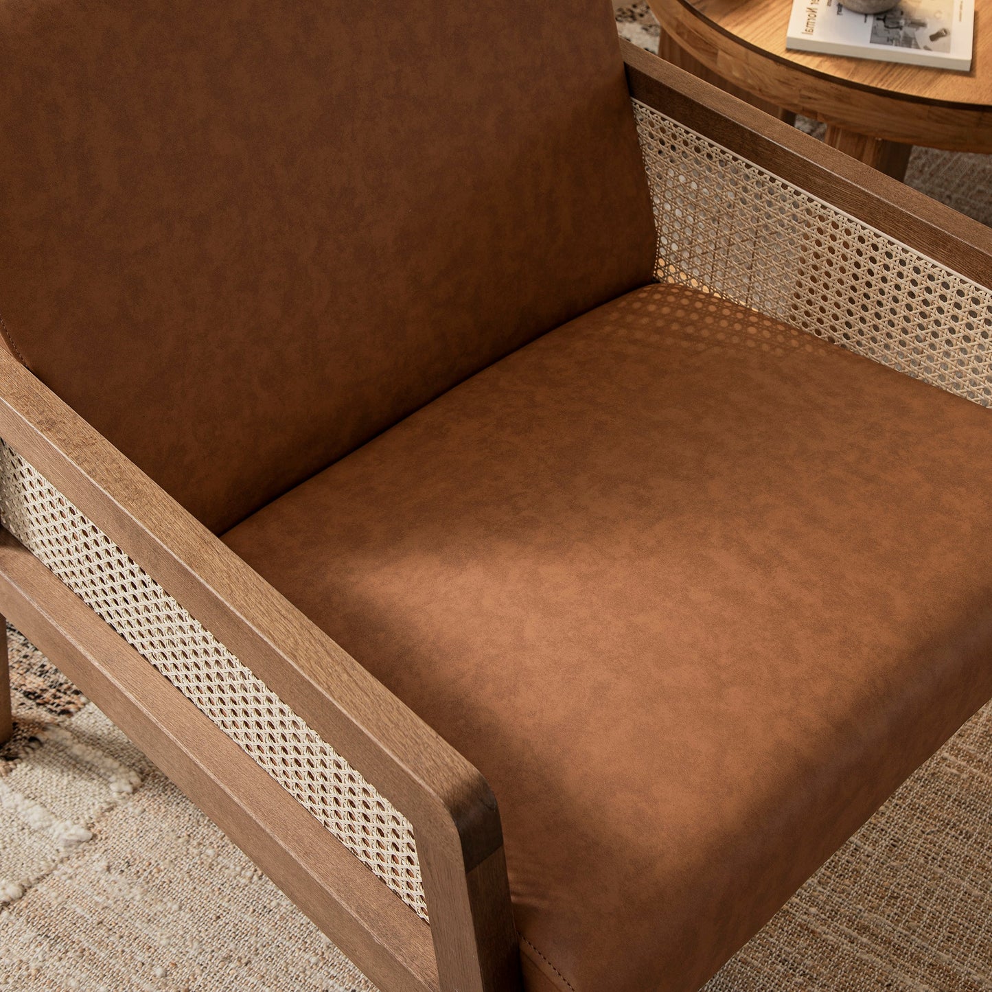 Fyne Tan Faux Leather Light Walnut Frame Rattan Armchair
