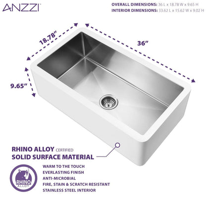 ANZZI Apollo Matte White Solid Surface Farmhouse 36 in. Single Bowl Kitchen Sink with Stainless Steel Interior